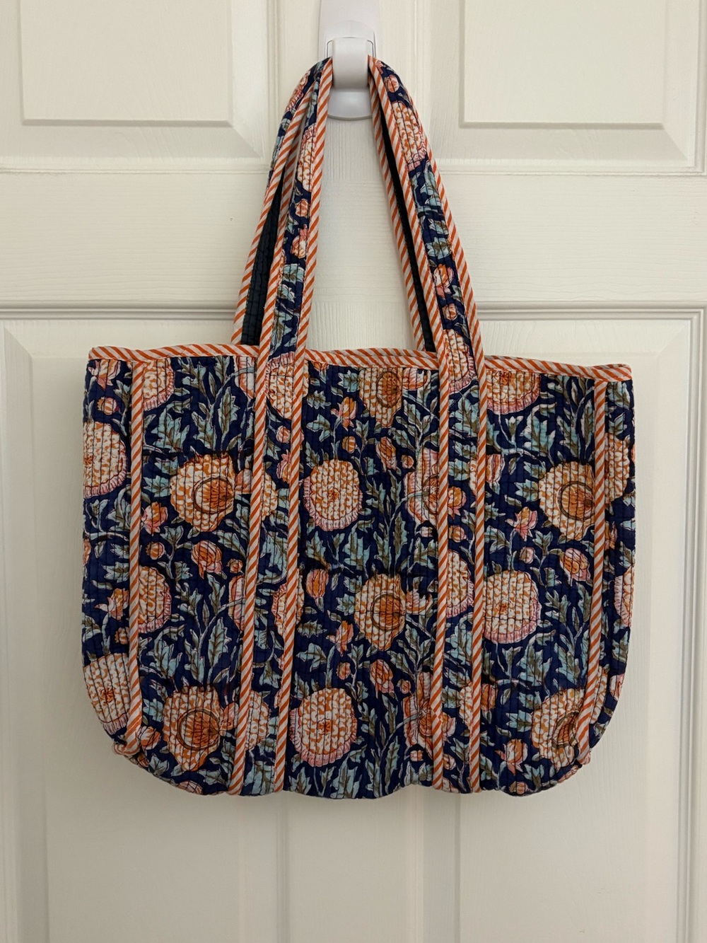 Quilted Navy Floral Tote Bag with Orange Accents